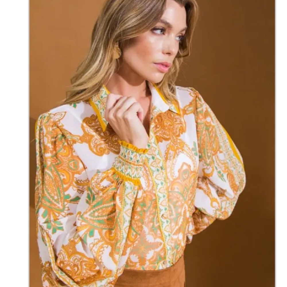 Flying Tomato Printed Tie Lantern Sleeve Blouse